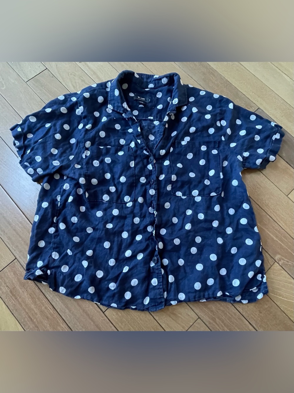Maeve Anthropologie 100% Linen Navy White Polka Dot Button Front Shirt Large - Picture 2 of 9
